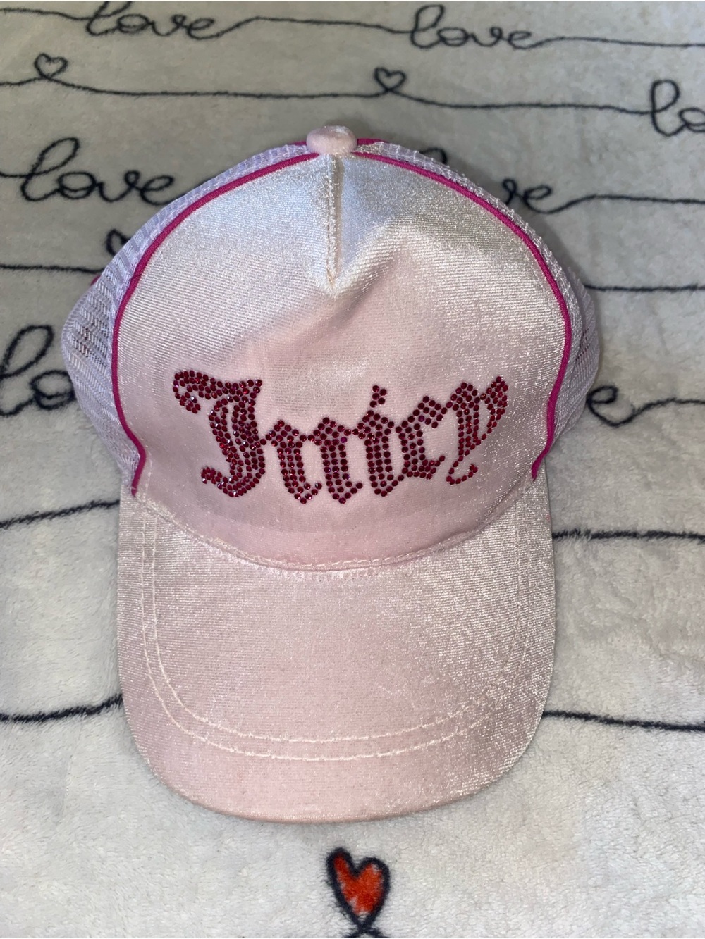 Juicy Couture Light Pink Velvet Log Hat with Hot Pink rhinestones